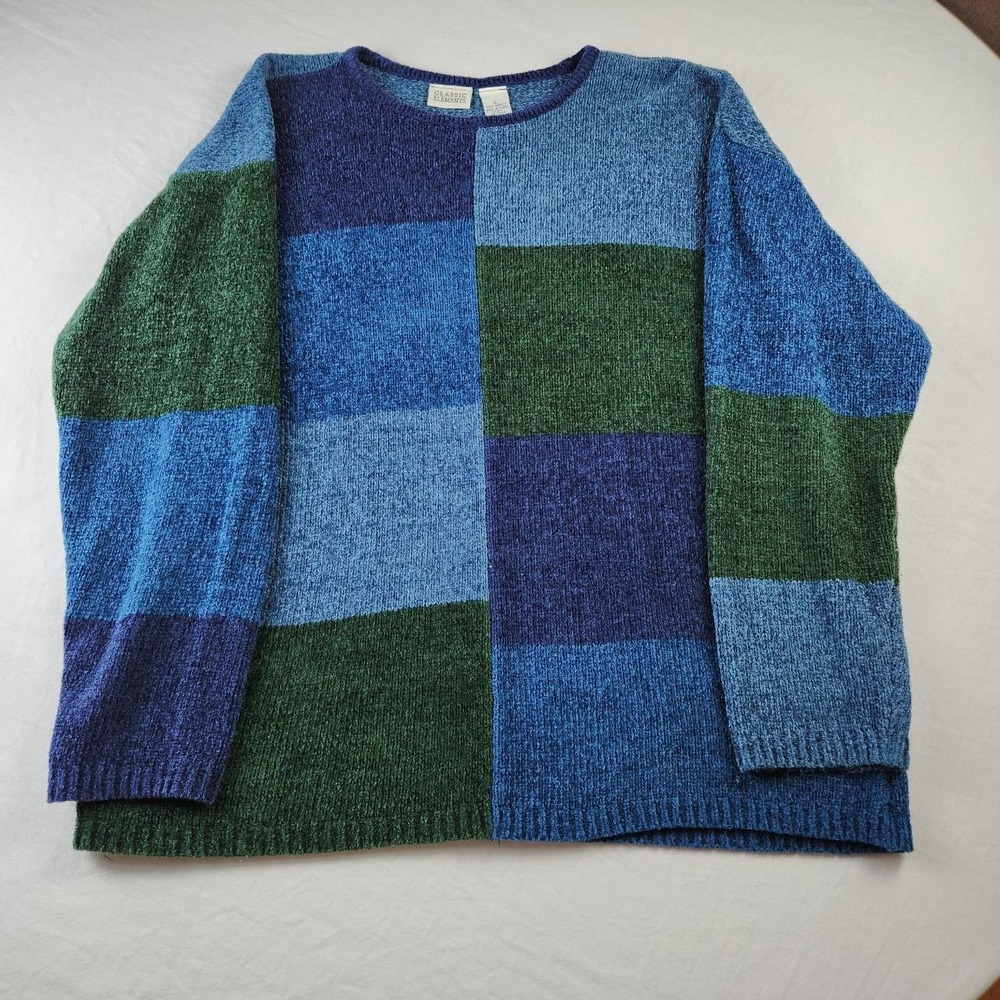 Classic Elements Mens Blue Green Colorblock Vintage Relaxed Fit Sweater Large